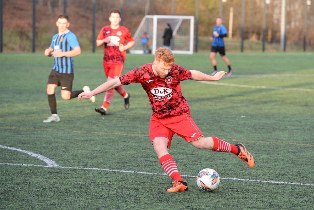 Connor Moore fires home the winning goal. Photograph: Derek Black.