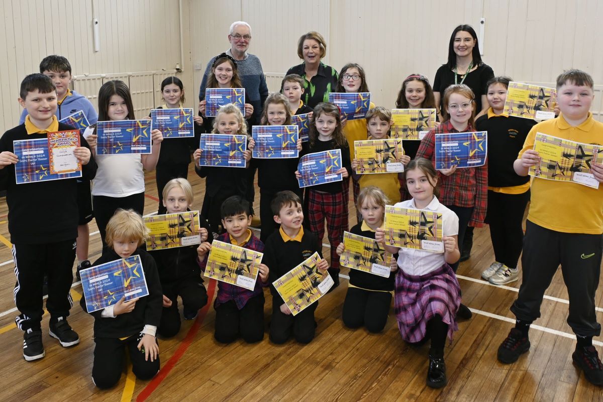 Winners and judges of the Great Scot competition at Inverlochy Primary School