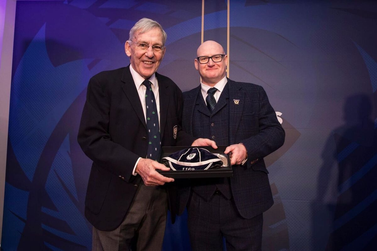 Ian Murchie with his Scotland rugby cap which was presented to him last week by Scottish Rugby Union president, Colin Rigby. Photograph: Sheena Murchie.