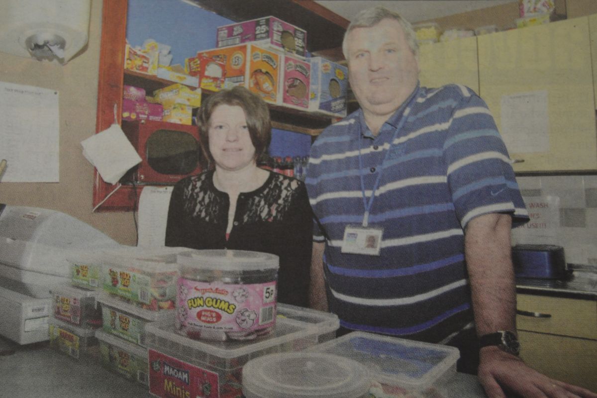 2014: Fiona Kalache, manager of MAYDS, with Raymond Flanagan, youth services team Argyll and Bute Council, at a tuck shop where a new popcorn machine will be for the monthly cinema.
