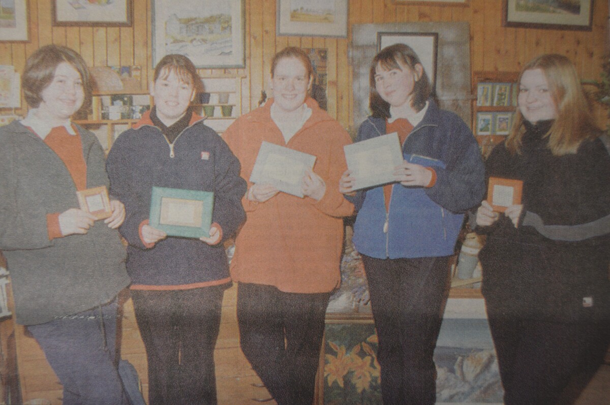 1999: Campbeltown Grammar School pupils Joanne Paterson, Lynsey Paterson, Lynne Biggins, Fiona McIsaac and Amy Rixson, of this year’s Young Enterprise group, with the lovely photo frames they designed.