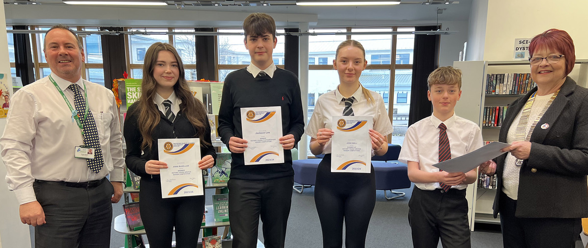 Scott Steele, headteacher, Anna McKellar, winner senior young writer, Jacjckson Lee, winner senior young photographer, Josie Ball, runner-up senior young writer, Finn Watt, runner-up, intermediate, young writer, Flora McKee, President Lochaber rotary club