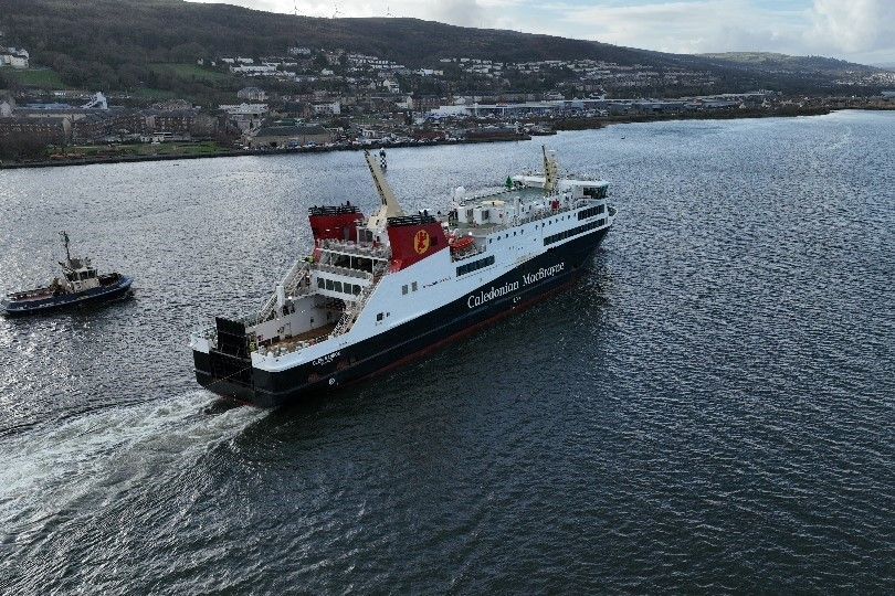 MV Glen Sannox sails in the Clyde under her own propulsion. Photograph: Steve McIntosh, HAWQ Drone Services.