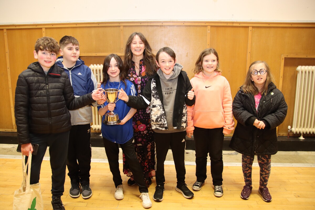 Some of Dalintober Primary School Drama Club celebrating with their trophy for most entertaining play. Photograph: Kenny Craig.