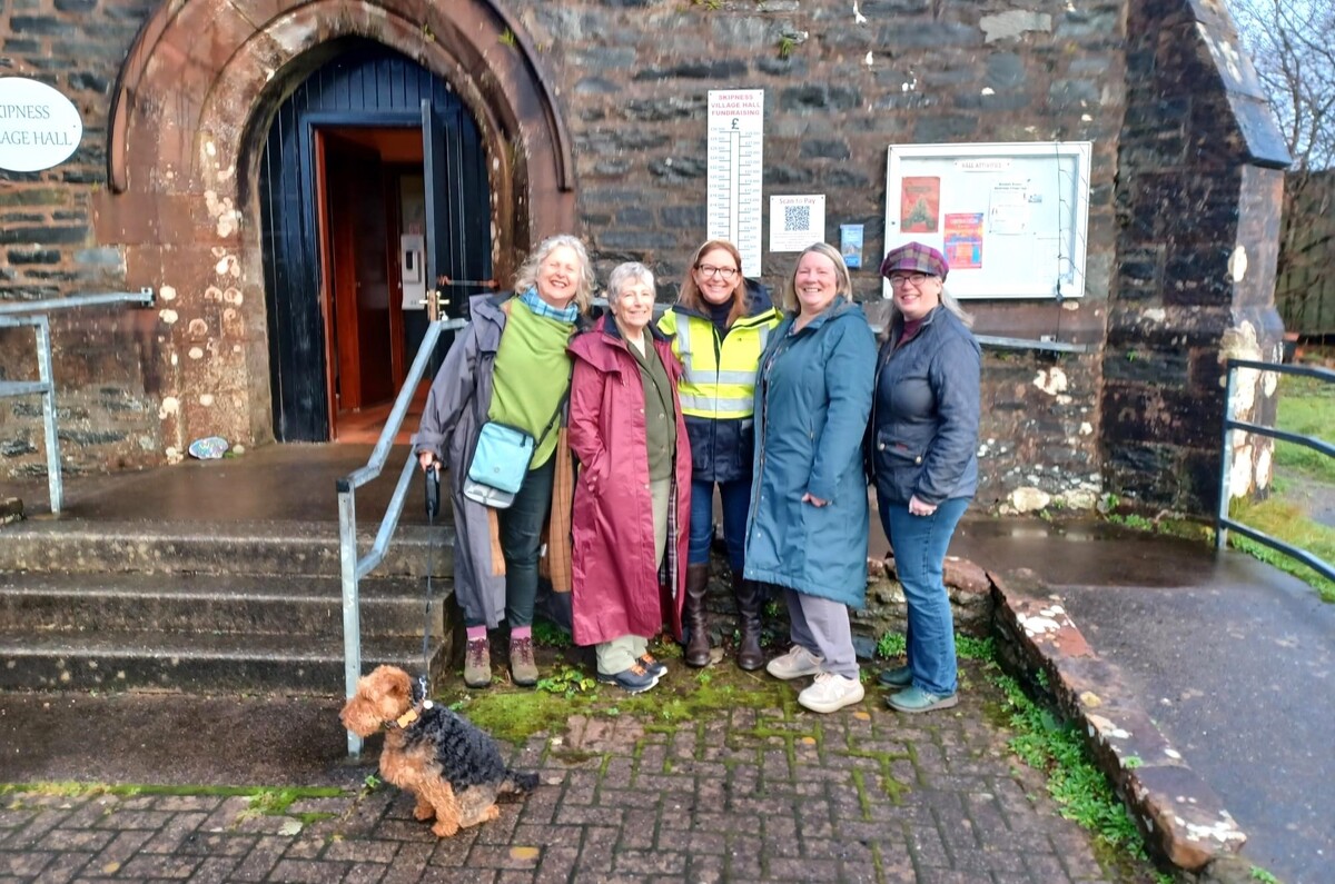 The fundraising team outside Skipness Village Hall, from left: Jess Gill with Flora the dog, Fiona Cameron, Ula McNeill from SSEN Transmission, Jill Thompson and Sam McKee. 