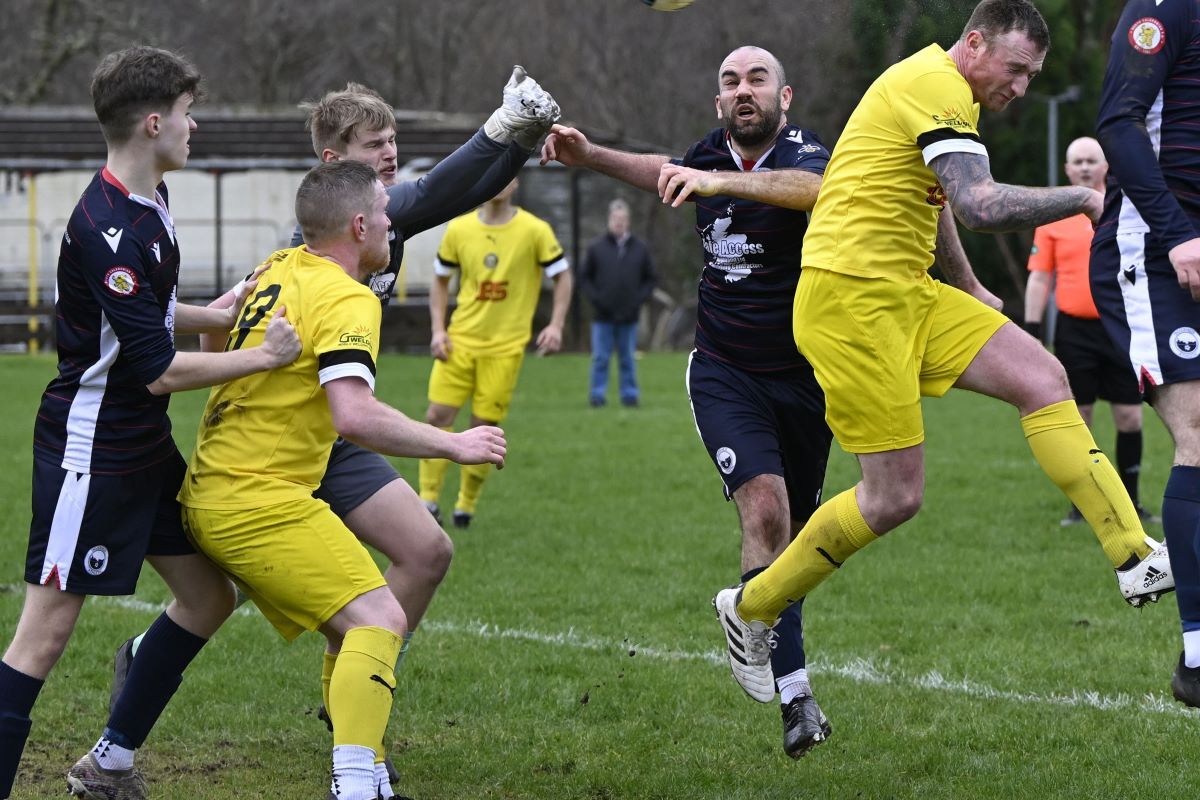 The ball travels towards the Inverness goal from a Farquhar MacRae header which put Fort William one up. Photograph: Iain Ferguson, alba.photos.