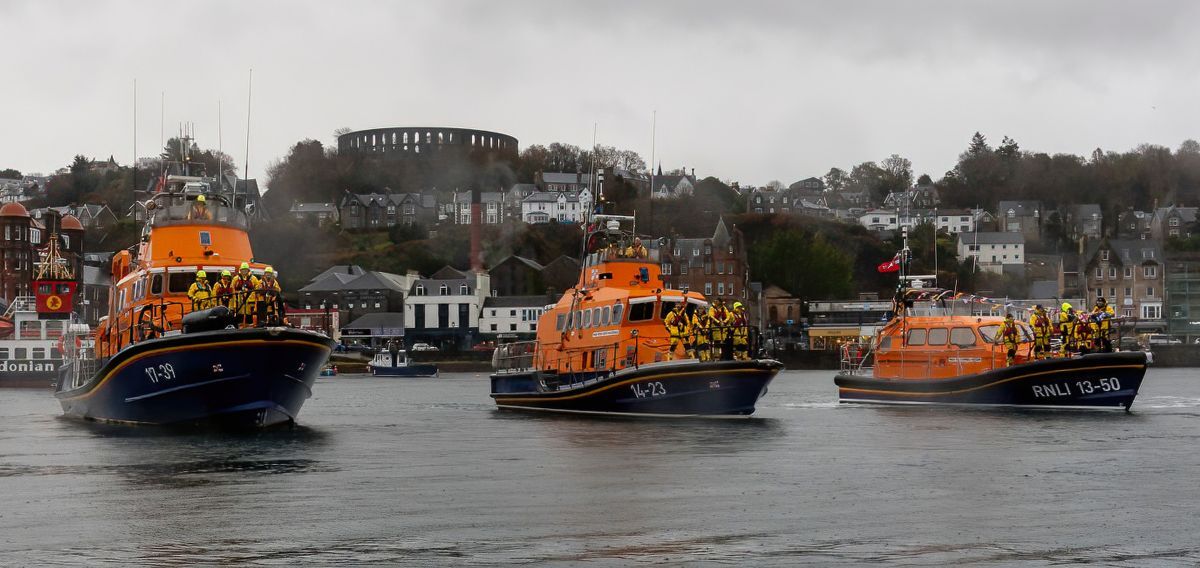 Three ships, left to right, Tobermory lifeboat Elizabeth Fairlie Ramsey, Oban’s former vessel, Mora Edith MacDonald, and The Campbell-Watson. Photograph; Stephen lawson/RNLI
