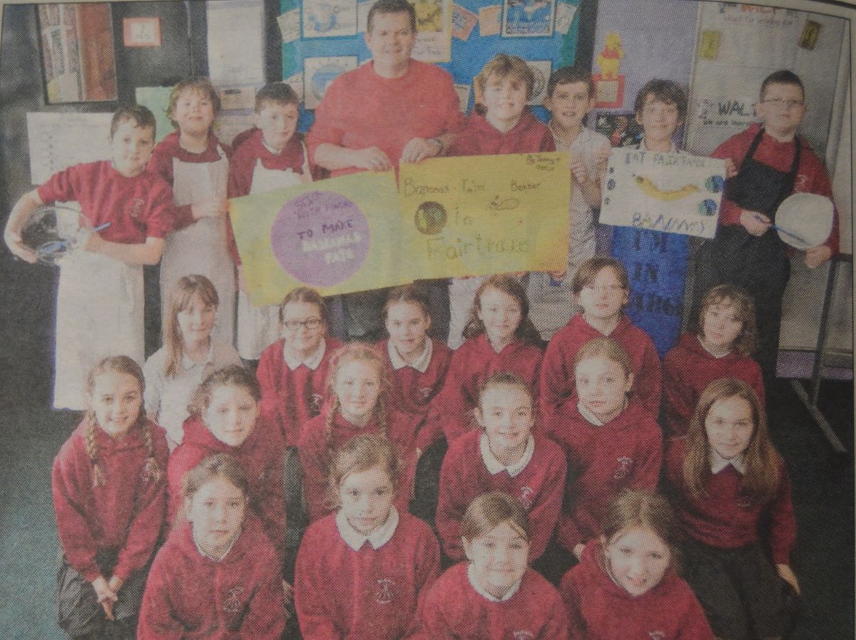 2014: Visiting Banavie Primary School last week was Chef Duncan Gibson of Glenfinnan House Hotel, who worked with pupils to mix and cook pancakes using Fairtrade products, combining Shrove Tuesday and the school’s Fairtrade Fortnight celebrations. Picture