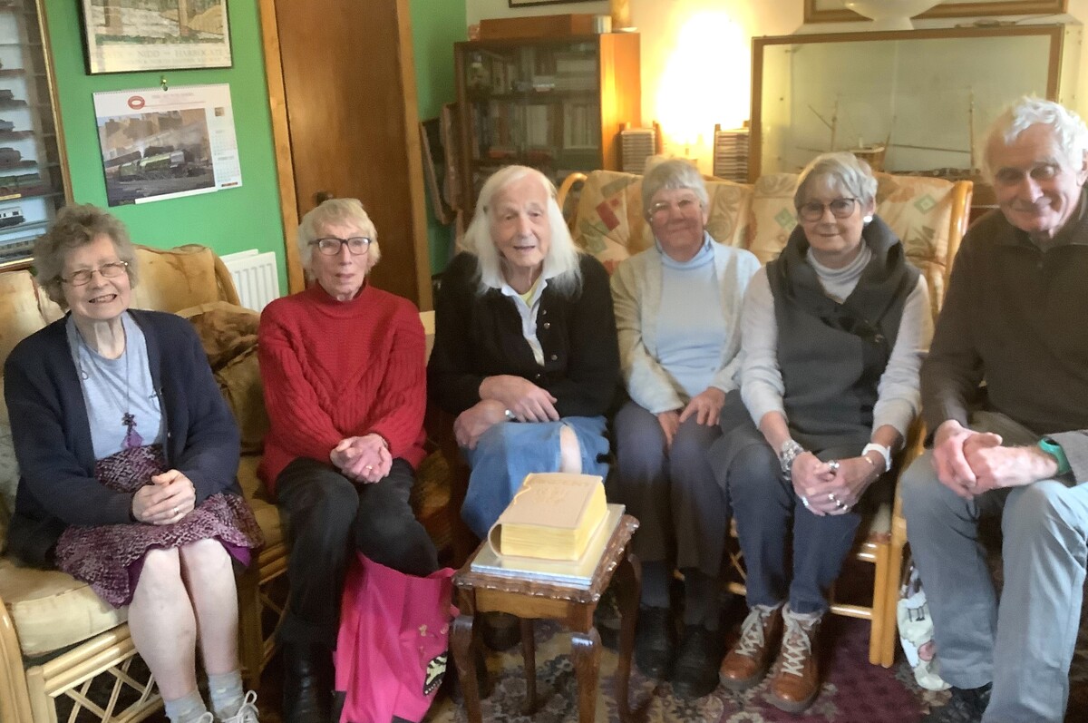 Celebrating Tarbert Poetry Group’s 250th monthly meeting, from left: Jean Pine, Valerie Barker, Rebecca Pine, Mary Kenny, Tricia Weeks and Peter Simson.