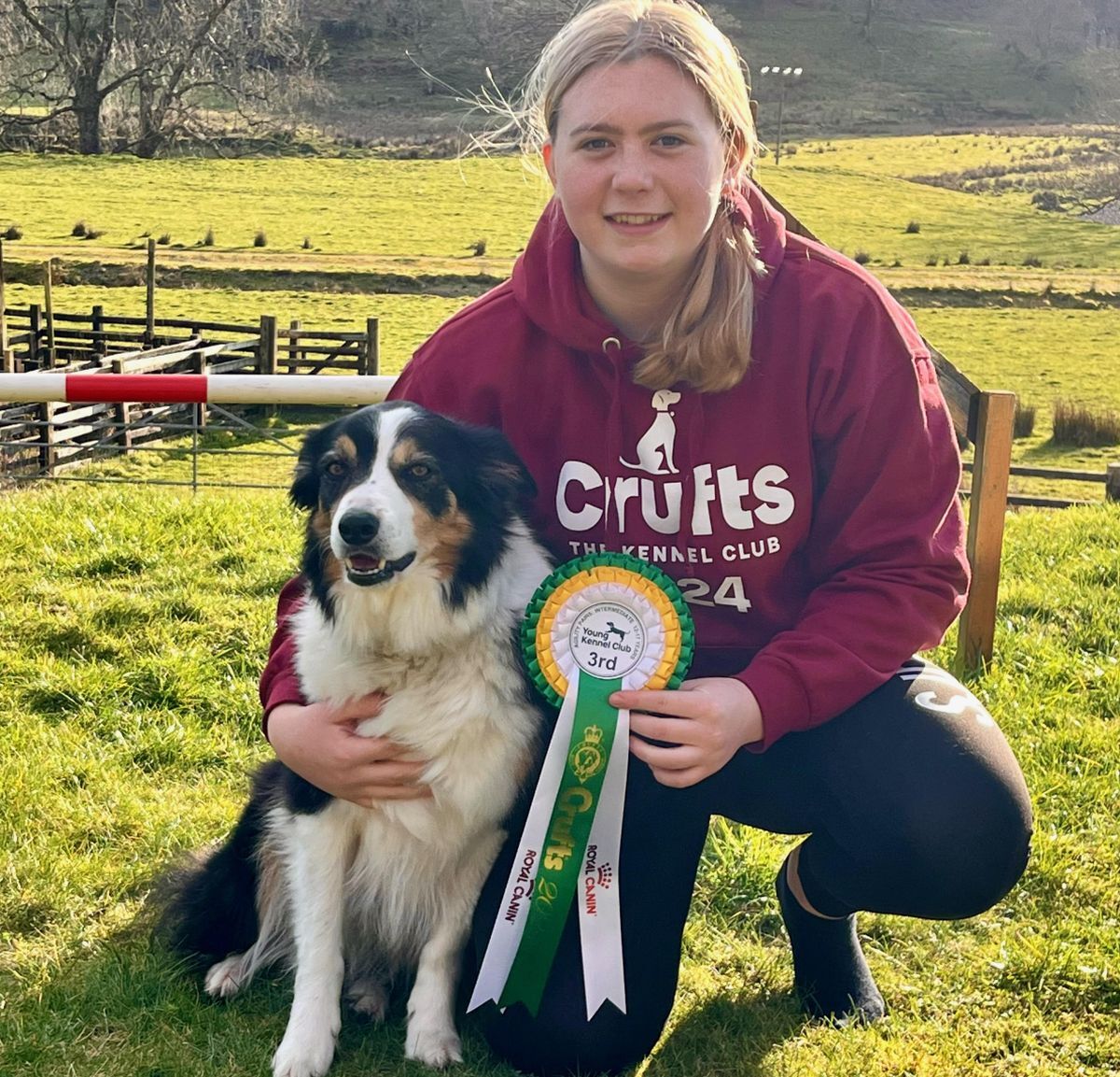 Proud owner Rachel Carre and her top dog Gem back home in Kilmore with their Crufts 2024 rosette. Photograph: Alison Rogers.