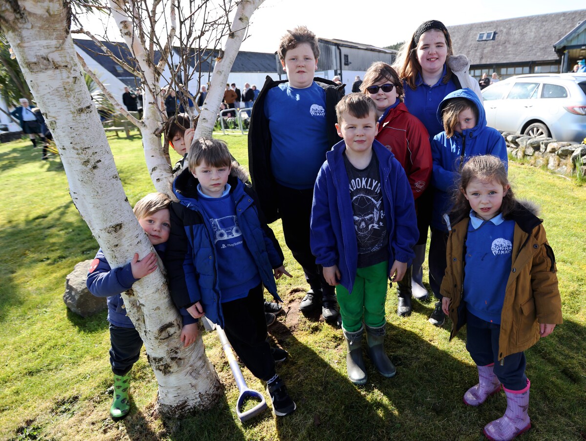 The children of Gigha Primary School after burying their time capsule. Photograph: Kevin McGlynn.