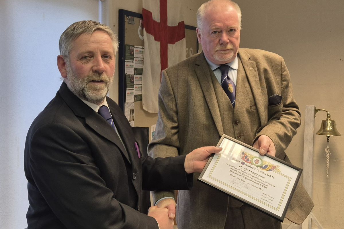 Hugh MacInnes was presented with a certificate of appreciation of his work on behalf of the branch by the new chairman James Porter.