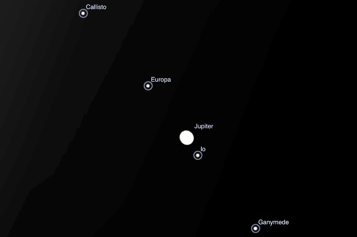 Jupiter and four of its moons as they will appear on April 10.
