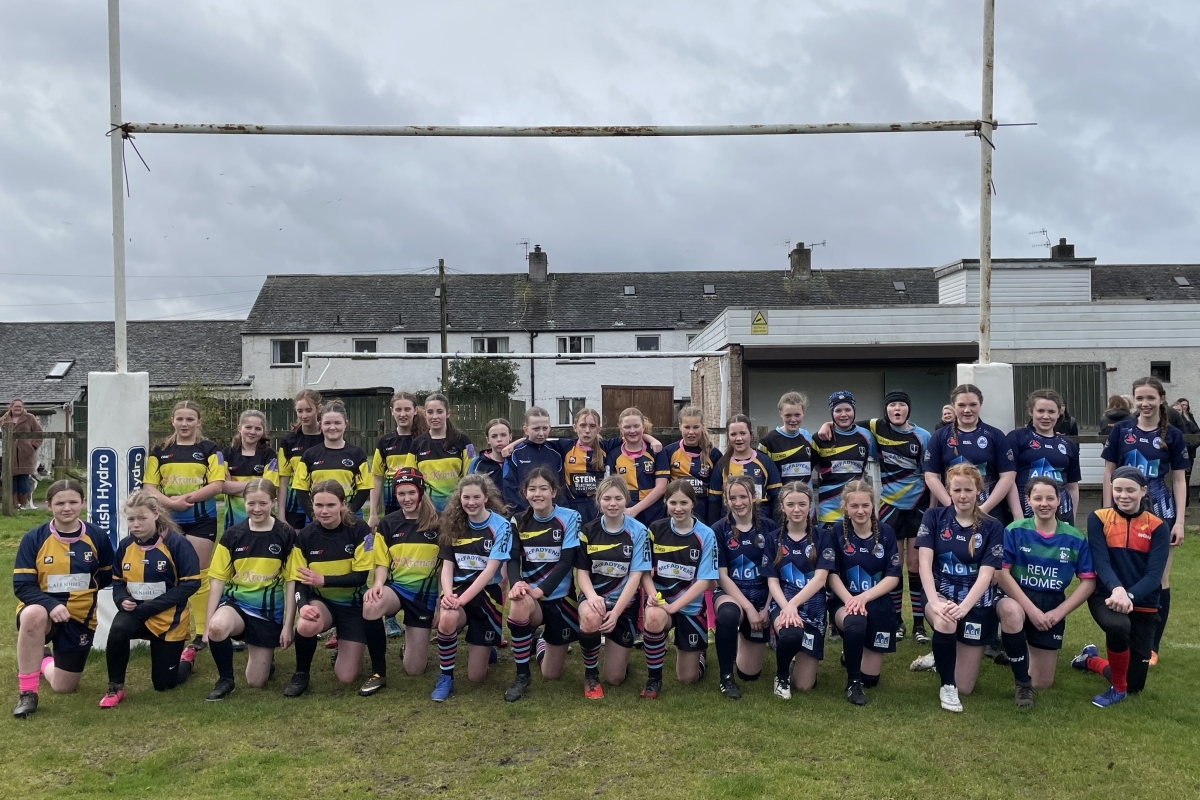 All the teams who took part in the Mid Argyll U14 Girls Lift Off rugby event. Photograph: Drew Buckley