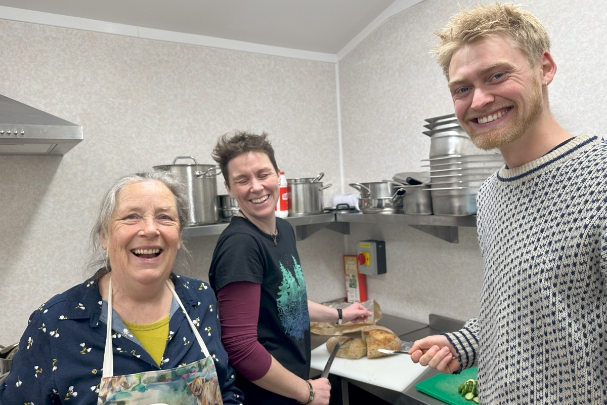 From left, Jane Gibson, Sally Logue and Rowan Aitchison keep the food and drinking coming from the kitchen at the Tayvallich Initiative lunch. Photograph: Ewan Halley