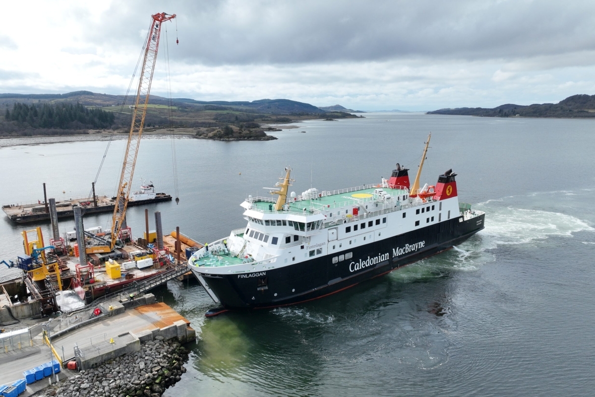 The MV Finlaggan arrives at Kennacraig during the port upgrading works by George Leslie. Photograph: George Leslie