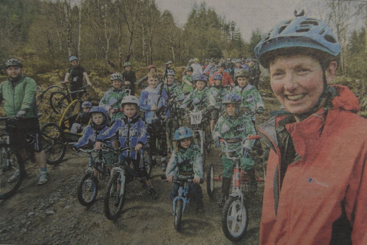 2014: Marian Austin prepares to wave off the bikers who assembled to celebrate the opening of the new mountain tracks. Photograph: Iain Ferguson, The Write Image.