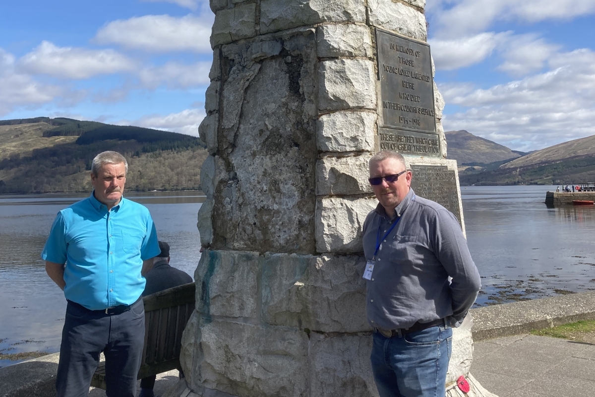 RBLS Inveraray branch members Ian Lindsay, left and Alastair Rodden at the war memorial where the missing plaque should be. Photograph: Rita Campbell