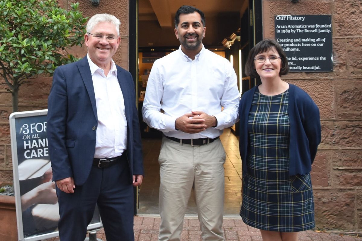 First minister Humza Yousaf pictured with MSP Kenneth Gibson and MP Patricia Gibson during a visit to Arran in August last year. 