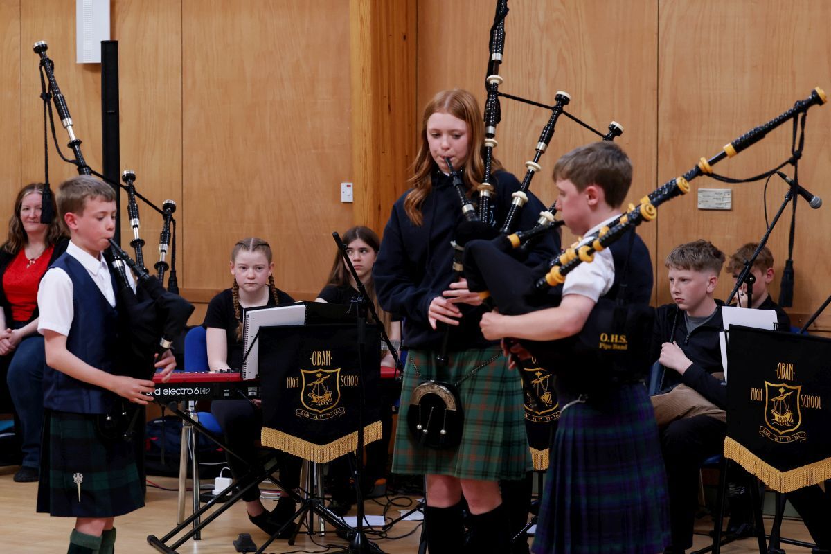 A trio of pipers Fraser Pollock, Jaime MacIntyre and Felix Hughes play a few sets at the Mod Academy ceilidh. Photograph: Kevin McGlynn