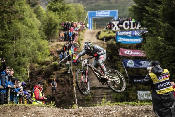 Amaury Pierron in action at the UK leg of the Mercedes-Benz UCI Mountain Bike World Cup at Fort William in 2019. Photo: Phunkt.