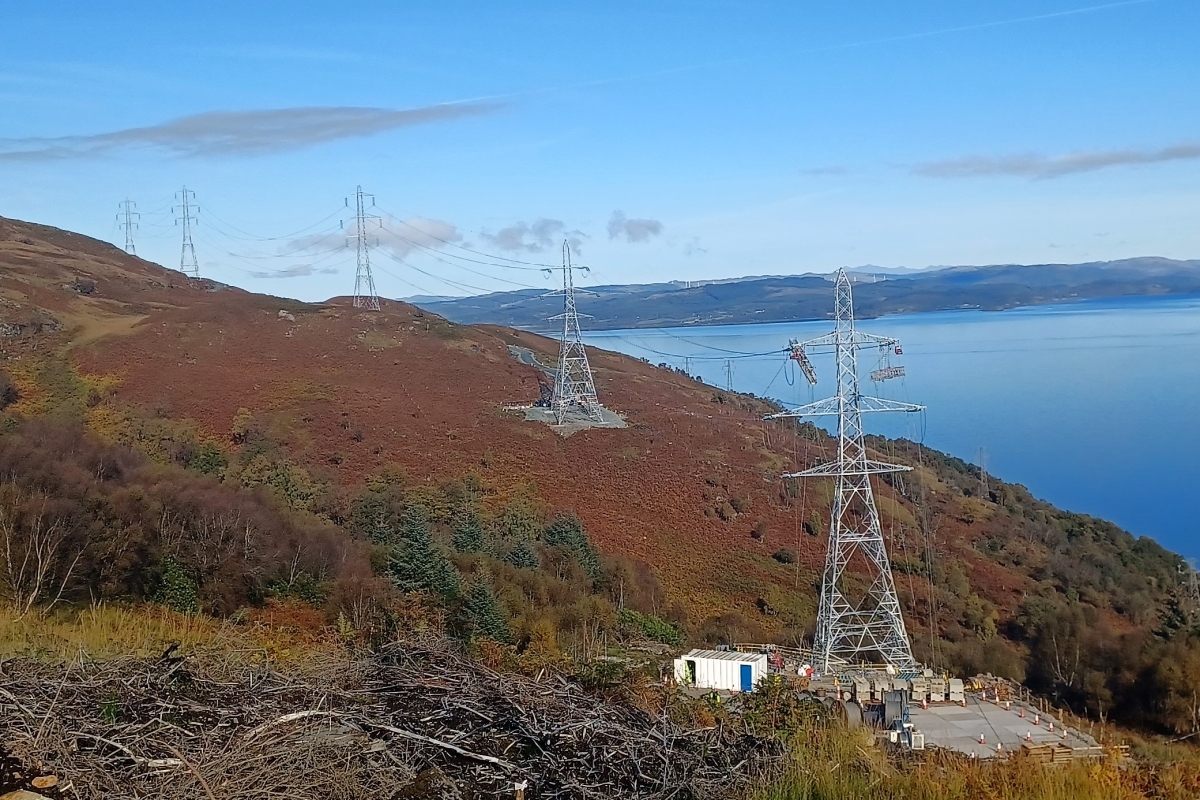 The final steel towers for the Crossaig to Inveraray overhead line replacement are put in place. Photograph: SSEN