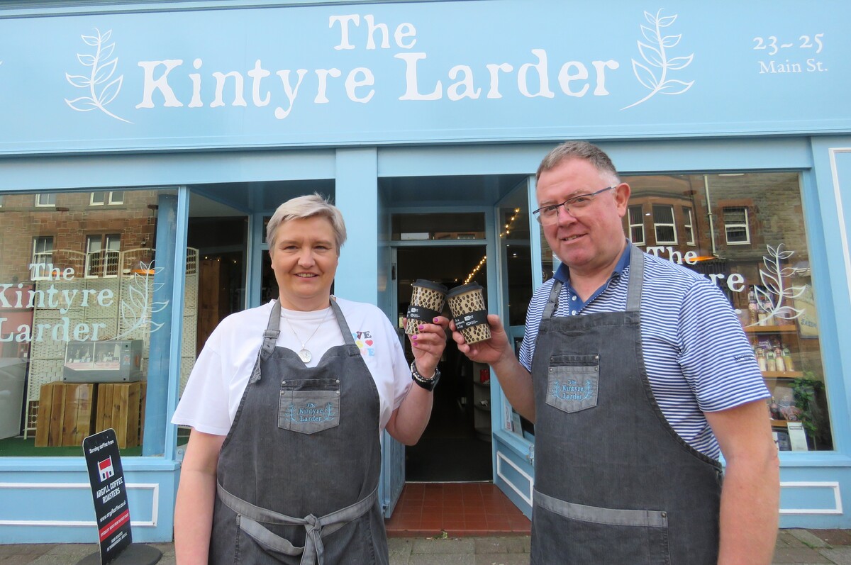 Kintyre Larder staff Lindsay McCallum and David McCallum are looking forward to welcoming customers with their Campbeltown EcoCups.