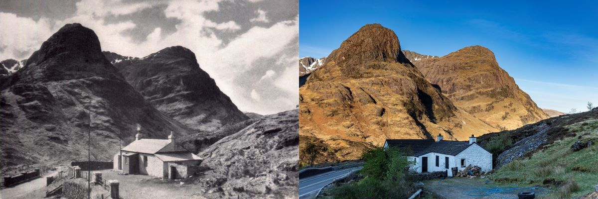 In the heart of Glen Coe, Allt-na-Ruigh cottage, looking to Gearr Aonach and Aonach Dhu - Left: 1945-1946 © W.S. Thomson - Right: April 2022 © Estelle Slegers Helsen