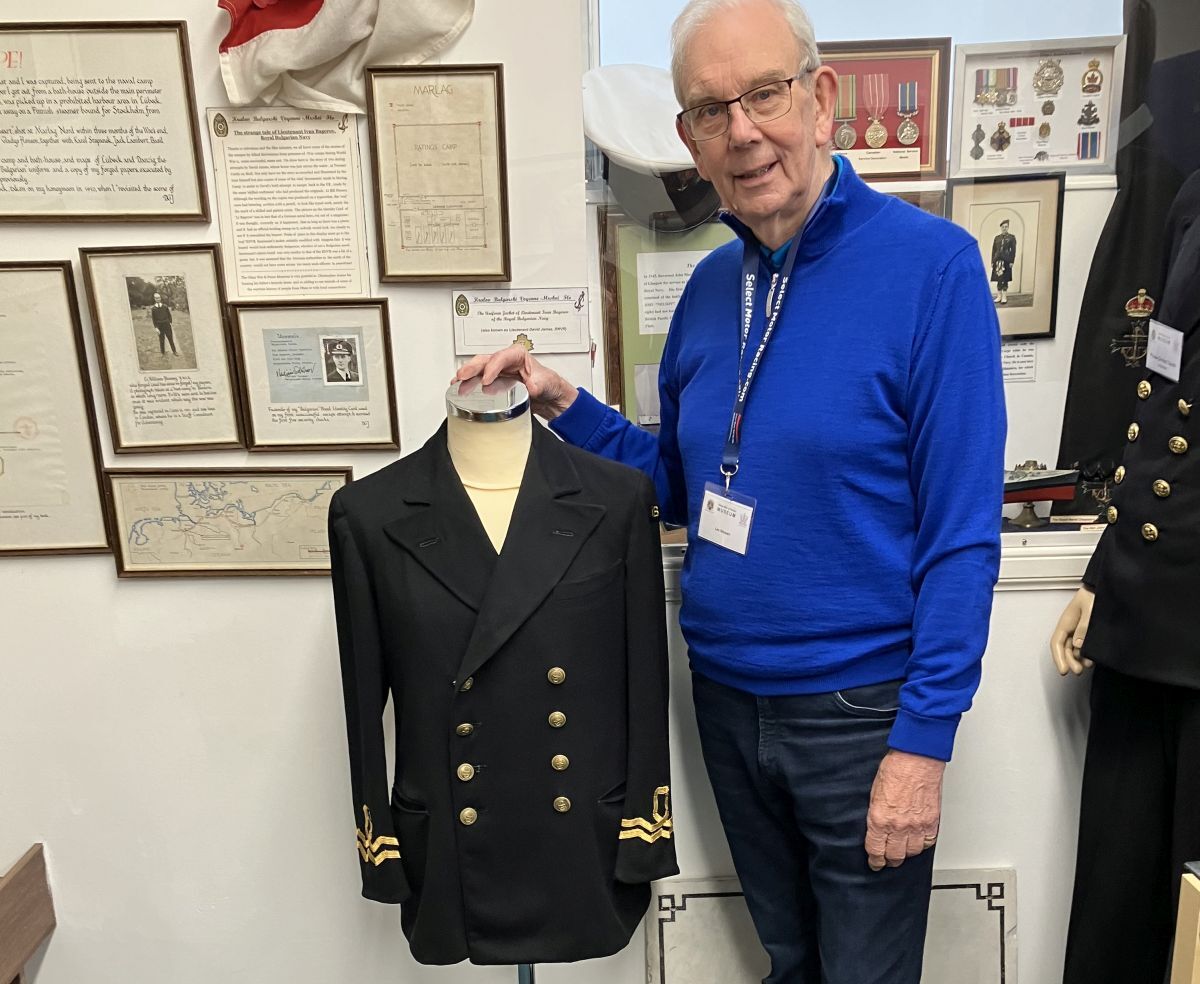 Les Stewart with Lieutenant Ivan Bagerov's uniform on show at Oban War & Peace Museum