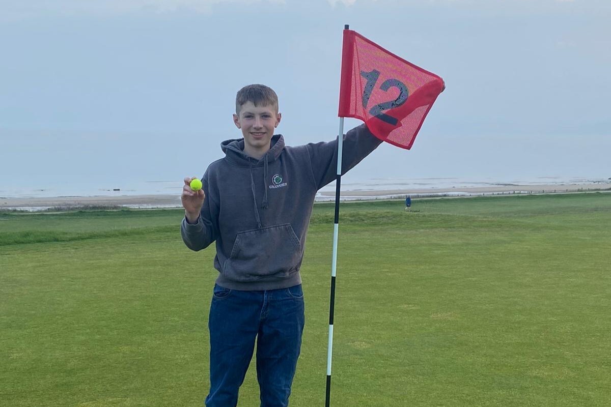 Shiskine junior Andrew Currie scored his first hole-in-one at the 12th hole at Shiskine Golf Club. Photograph: Shiskine Golf Club.