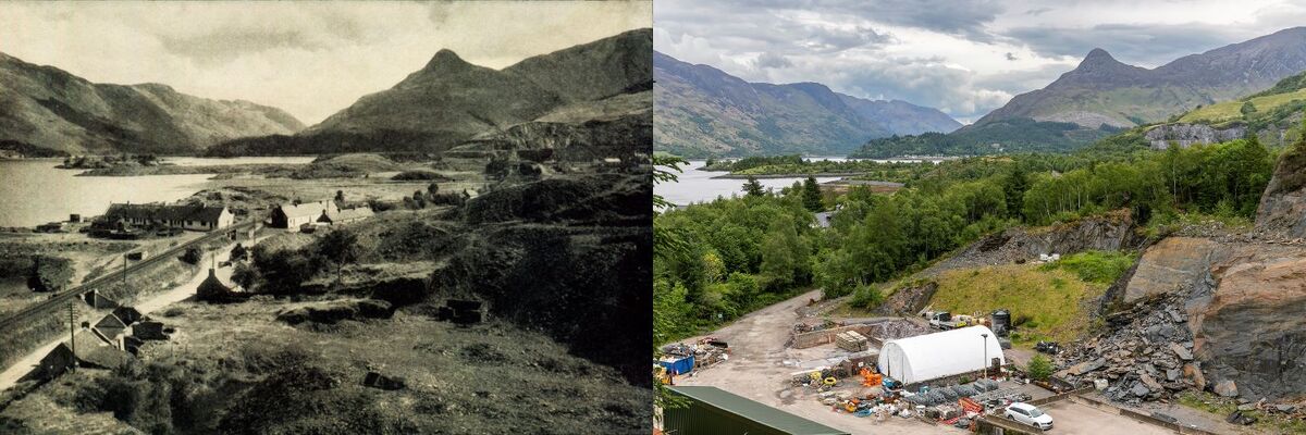 Loch Leven and Sgorr na Cìche (Pap of Glencoe) from West Laroch Quarry - Left: 1946/1947 © W.S. Thomson - Right: June 2022 © Estelle Slegers Helsen.