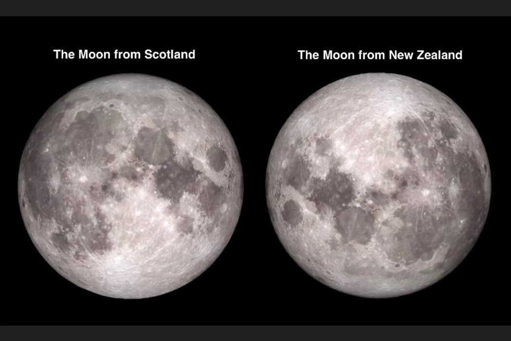 The moon as viewed from Scotland, left, and from New Zealand, right.