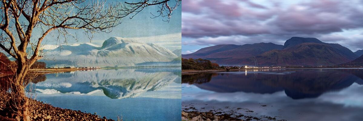 Ben Nevis from Corpach - Left: Early 1950s © W.S. Thomson - Right: October 2021 © Estelle Slegers Helsen.