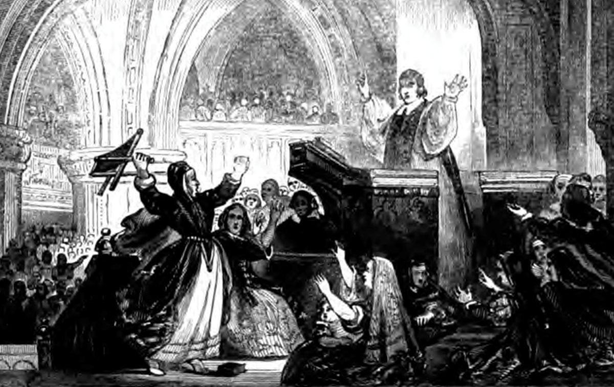 Illustration of Jennet Geddes throwing a stool at Minister Hannay in St Giles Cathedral, Edinburgh on 23 July 1637. From 'Witnesses for the Truth in the Church of Scotland' by W.P. Kennedy, 1843. Public domain, taken from www.archive.org   