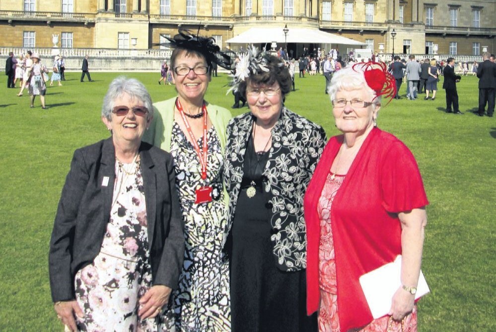 2014: Campbeltown and Lochgilphead Red Cross shop volunteers, from left, Peggy Minshaw, Margaret Mathieson, Isobel Grant and Cathy Turner at a British Red Cross Royal Garden Party at Buckingham Palace.