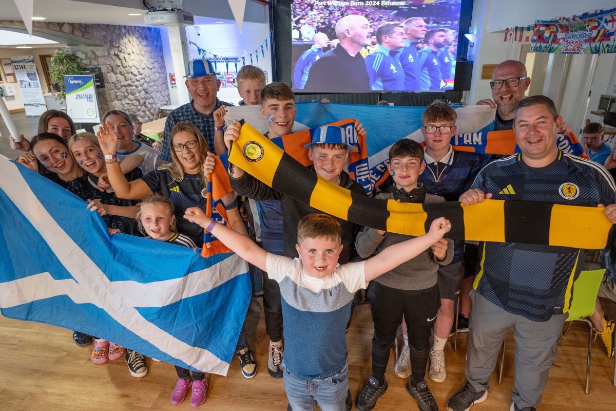 Enthusiastic support and fantastic atmosphere at the free Fort William FC Euro 2024 Fanzone at UHI Fort William. Photograph: Iain Ferguson, alba.photos.