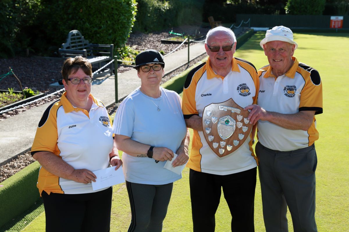 Pictured from left to right are Julie Fraser and Pattie Rodger (runners-up) with the winners Bill Clark and Peter Johnston. Photograph: Anthony MacMillan Photography.