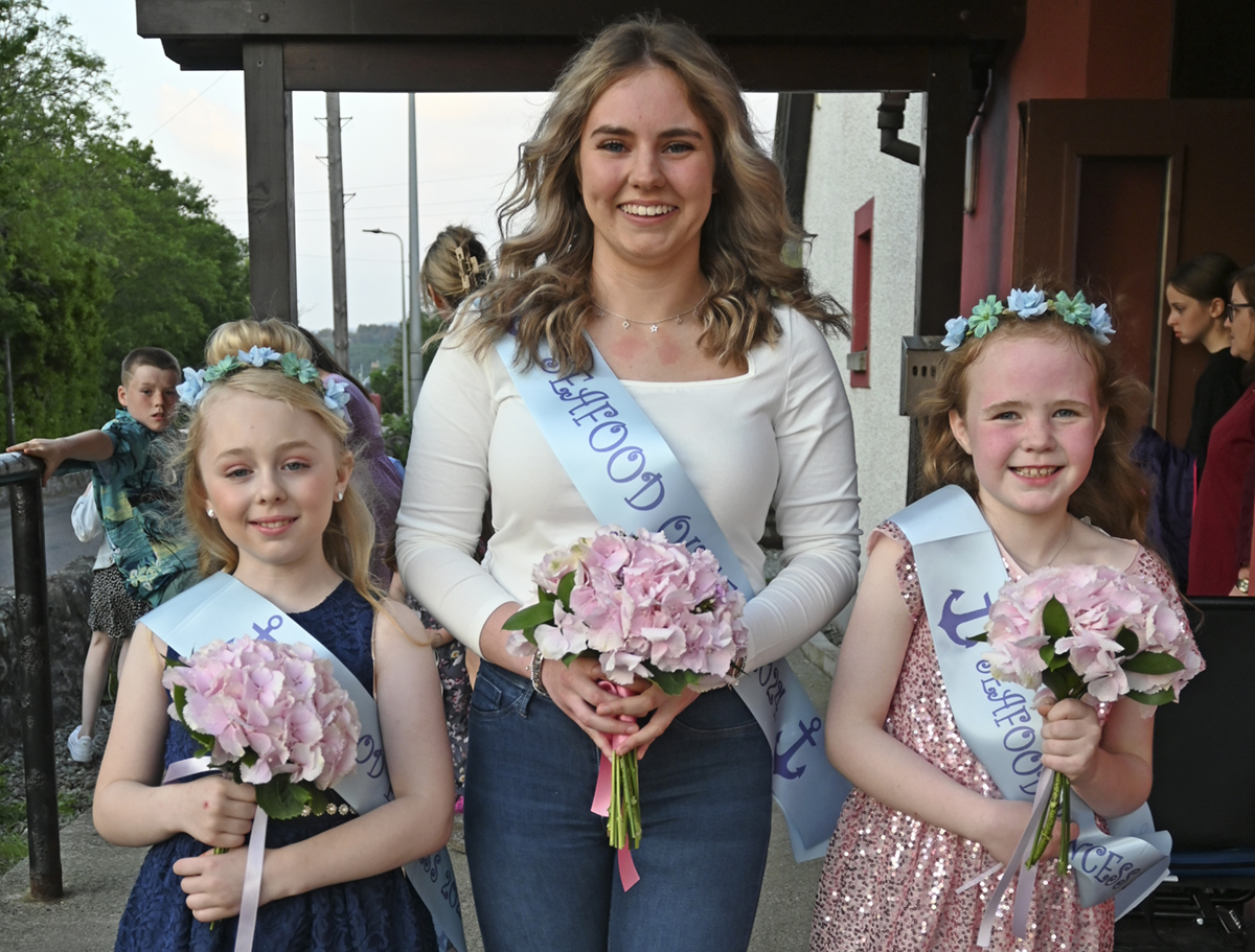 Tarbert Seafood Festival&rsquo;s Queen and Princesses for 2024 are Jessica Wilkieson, centre, Lua MacLennan, left and Carys Graham. Photograph: Pure West Media