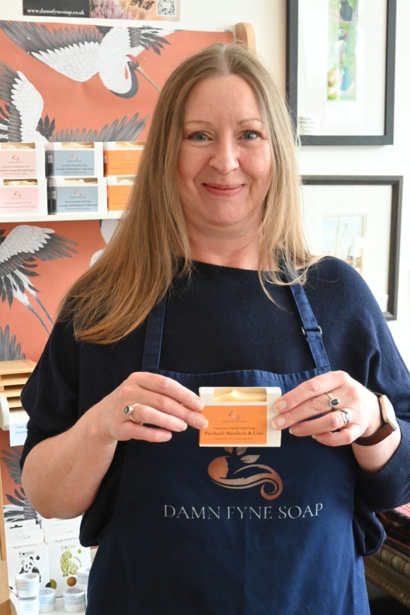 Kirsty Macfarlane of Damn Fyne Soap with her award-winning Patchouli Mandarin and Lime soap bar.