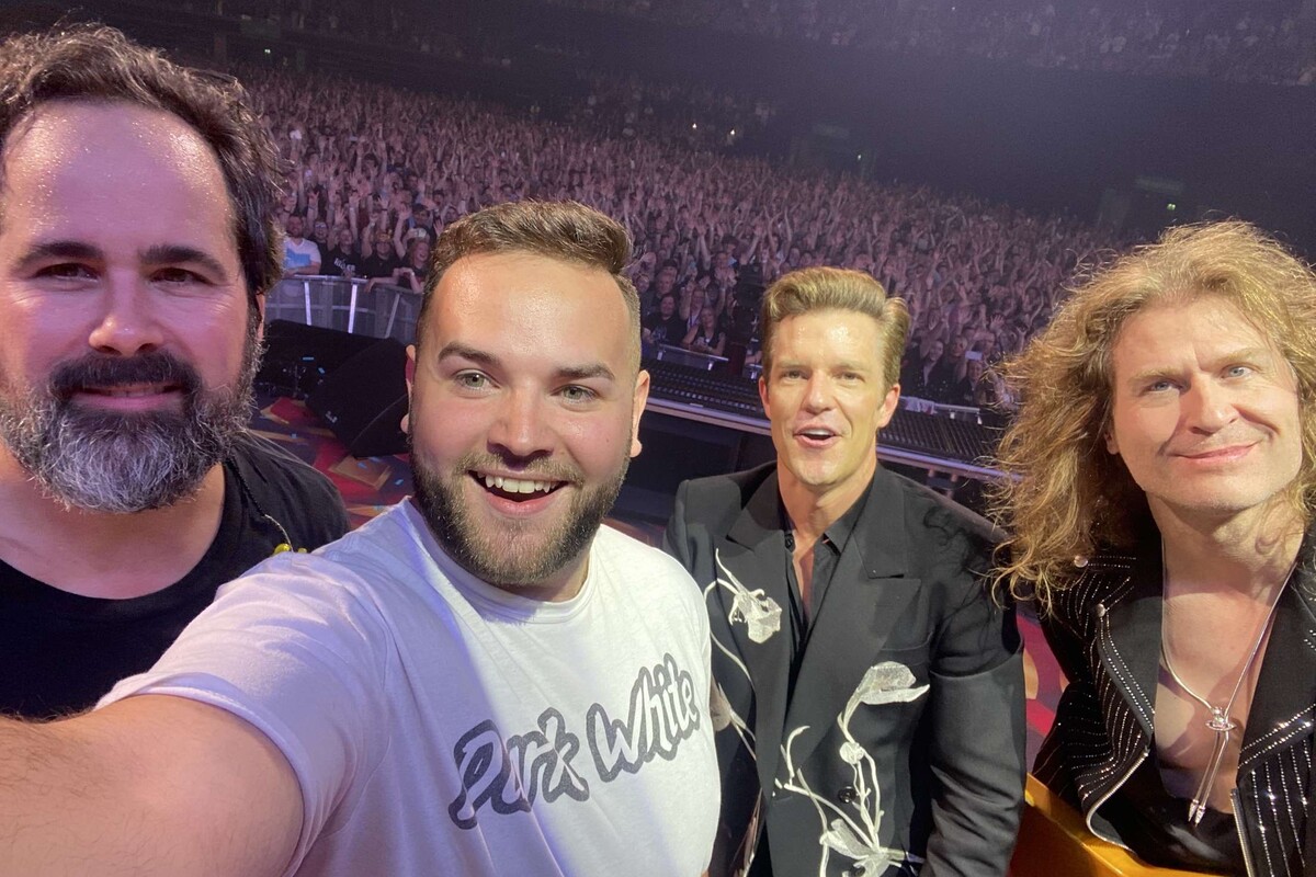 Sam Hirschfield in a selfie with The Killers after his performance with the band. Photograph: Sam Hirschfield.