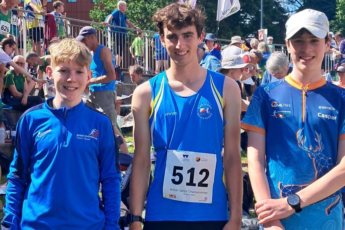 Ruari Cottier, left, with winner Luke Bennett and third-placed Caspar Reynolds at the British Sprint Orienteering Championships. Photograph: Andy Llewellyn.