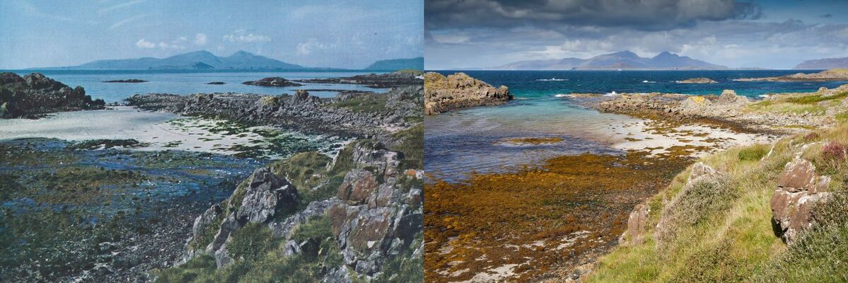 Left: Rum, Muck and Eigg from Sanna in Ardnamurchan in the early 1950s © W S Thomson. Right: Rum, Muck and Eigg from the Carraig Caravan Site near Bay MacNeil in Ardnamurchan in September 2022 © Estelle Slegers Helsen.