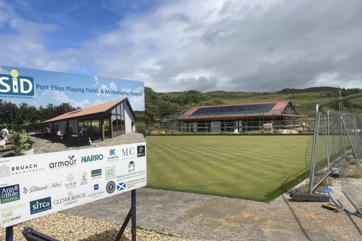 The new pavilion under construction at Port Ellen's bowling green and playing fields. Photograph: Rita Campbell