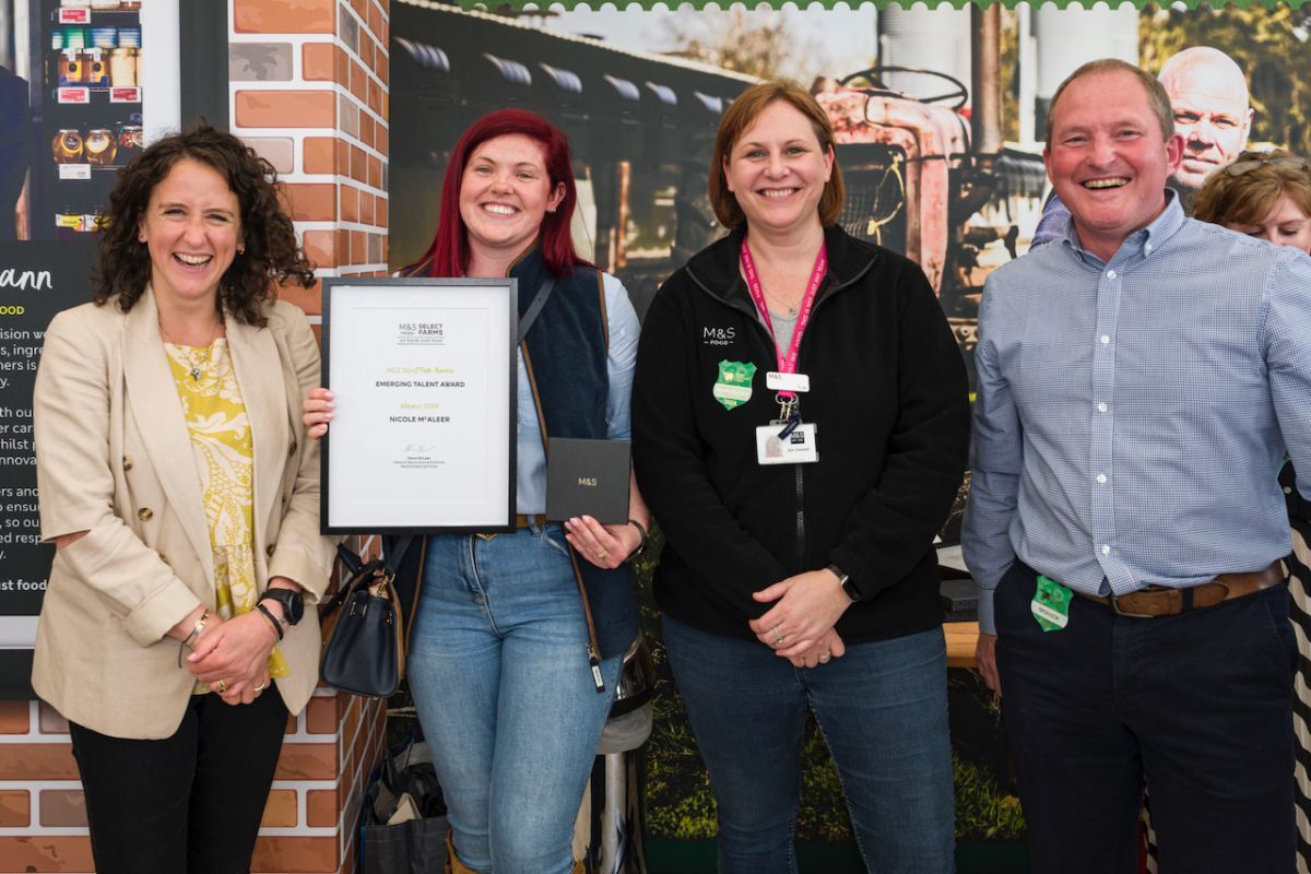 Cabinet Secretary Mairi Gougeon MSP and Scottish Sea Farms Processing Supervisor Nicole McAleer with M&S Head of Trade Sue Campbell and M&S Head of Agriculture & Fisheries Steve McLean. Photograph: Scottish Sea Farms.