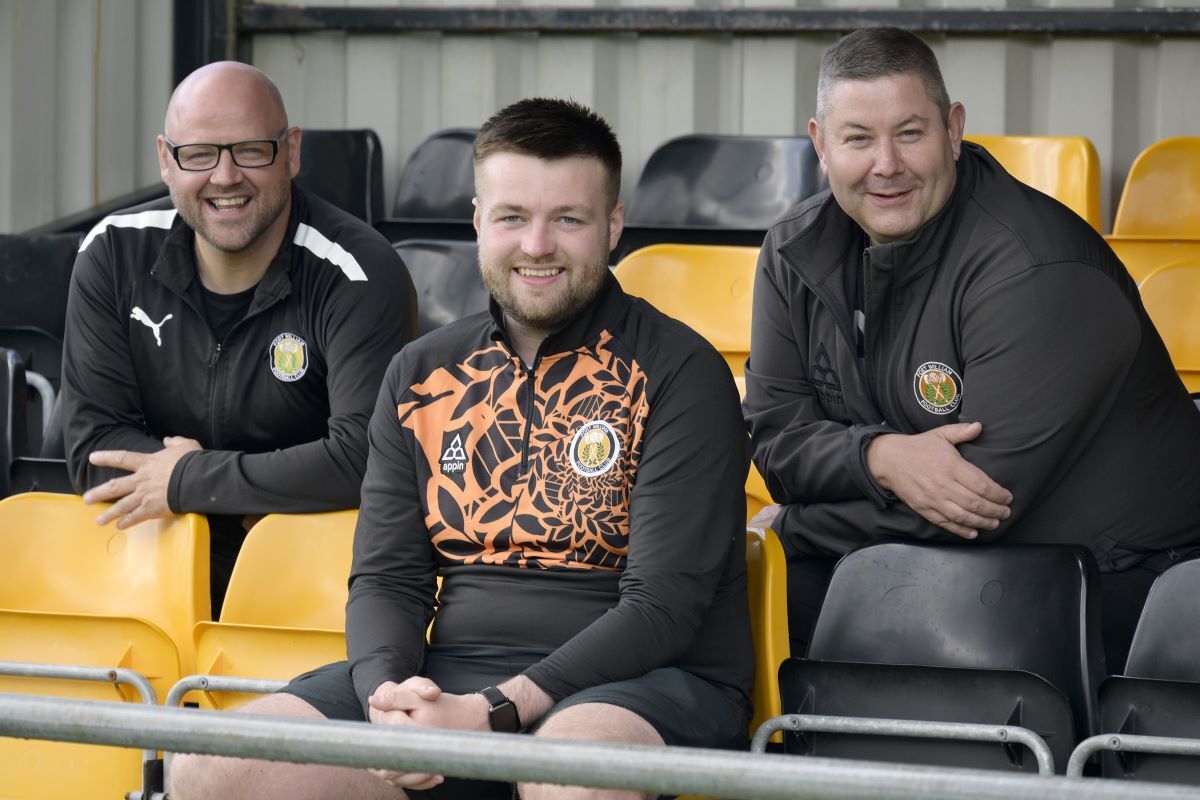 New Fort William Football Club manager Kyle Redpath, centre, with director of football Alan Gray, left, and chairman Robert Coull. Photograph: Iain Ferguson, alba.photos.