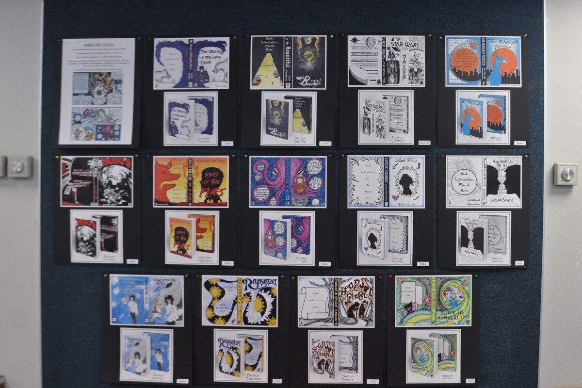 Book cover designs by Arran High school students are on display at Arran Library this month. 