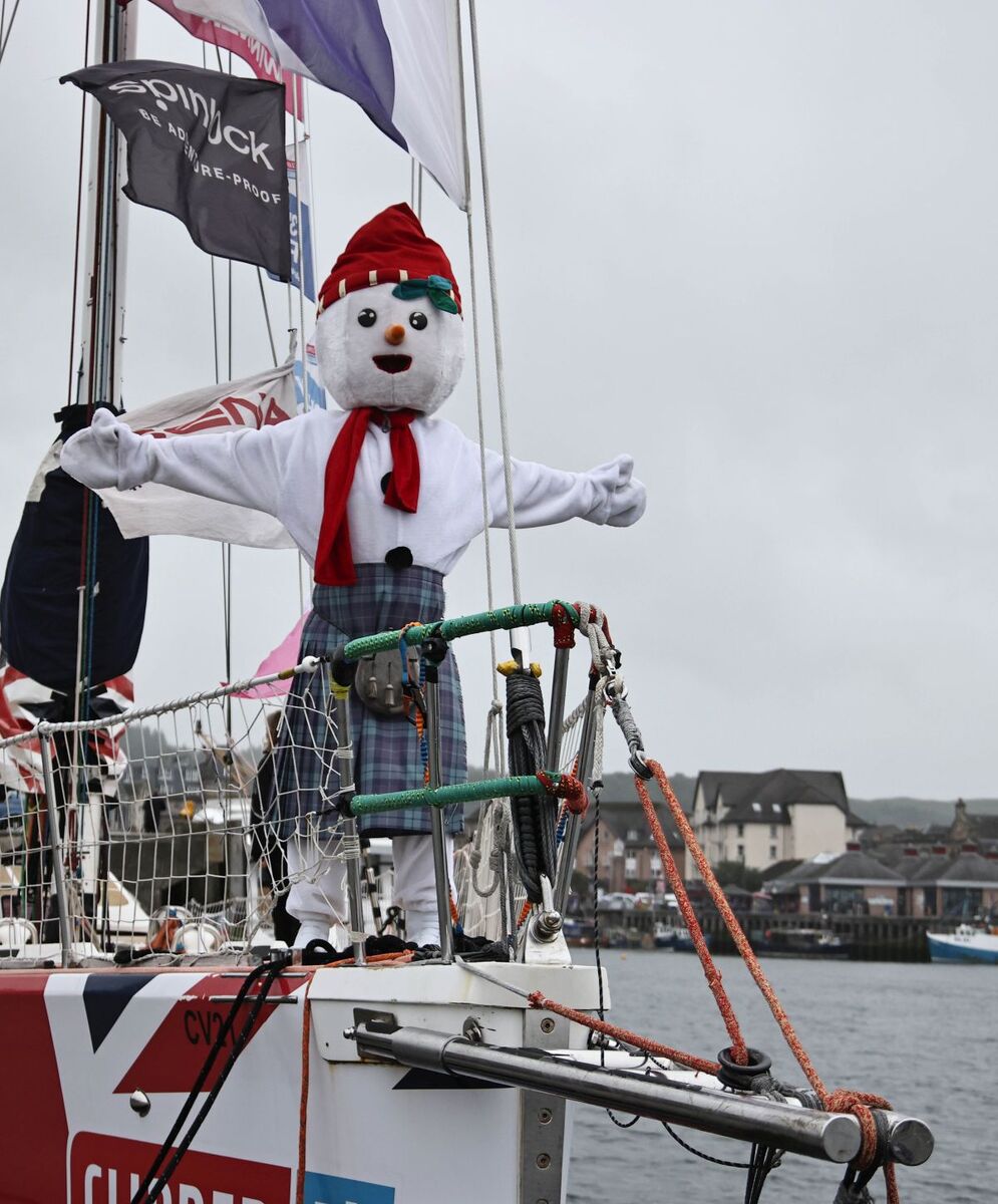 Winter Festival mascot Coolio strikes a Titanic pose on Clipper boat Our Isles. Photograph: Kevin McGlynn