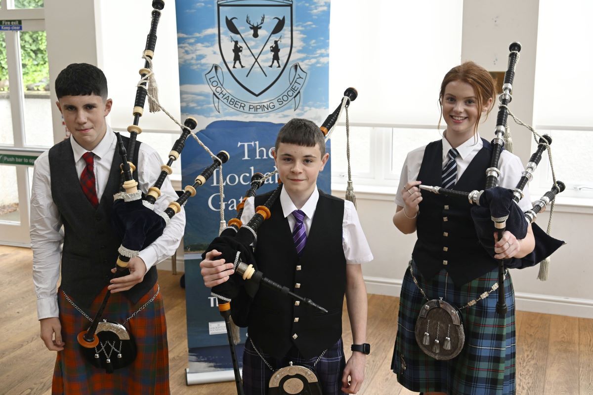 Lochaber junior pipers taking part in 2023 from left Allan MacColl, Jamie Smith and Laura Robertson. Photograph: Iain Ferguson, alba.photos.