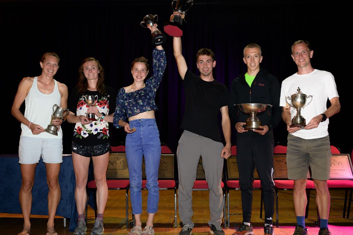 Alistair Thornton and Eve Pannone hold aloft the winners trophy's. Also in line up Tom Crudgington (2nd male), Sam Dixon (third male) Caroline Lambert (2nd female), Helen Leigh (3rd female). Photograph: Phil Hughes. 