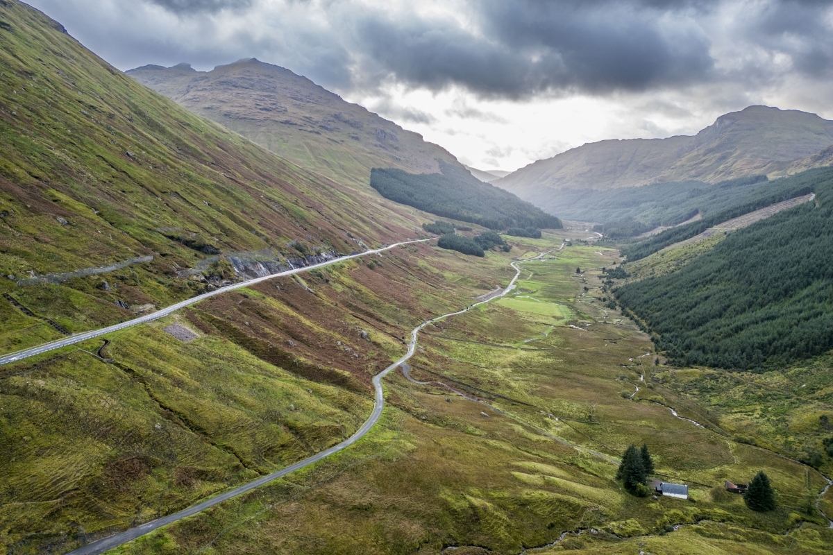 The A83 at the Rest and be Thankful and the Old Military Road run parallel along the glen.